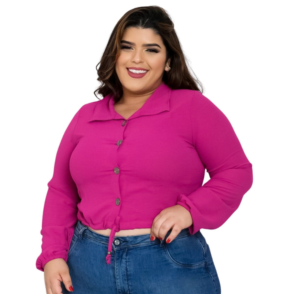Cropped Curto Crepe Ciganinha Decotado Manga Bulfante Amarração G2 Duna Plus Size Botões - Eduarda