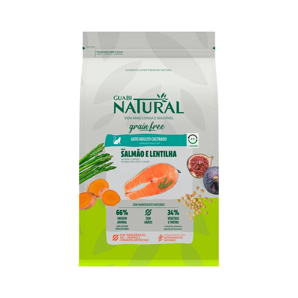 Ração Guabi Natural Grain Free para Gatos Adultos Castrados Sabor Salmão e Lentilha 1,5 KG