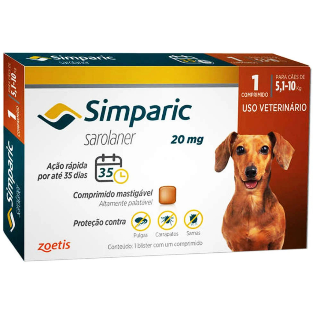 Simparic Antipulgas e Carrapatos Cães de 5,1 a 10 kg - Caixa c/ 1 Comprimido - Pets