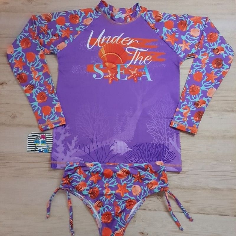 Biquíni Infantil e Blusa com Proteção Solar UV50+ Conjunto Roupa de Praia Tamanho 8,10,12