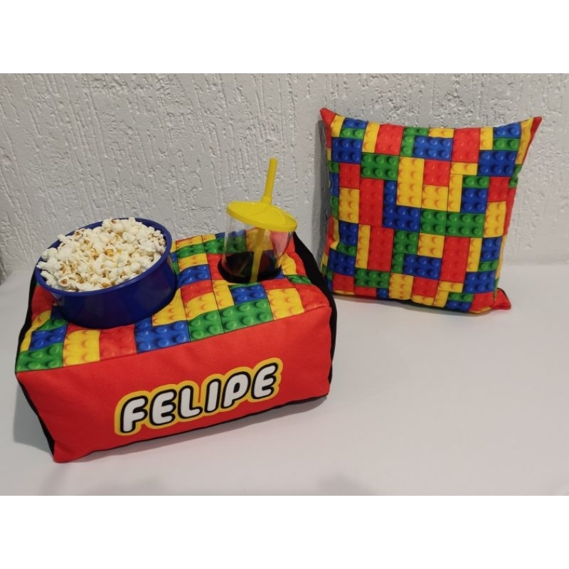 Almofada de Pipoca Kit Cinema  com Nome + Almofada Lego Colorida