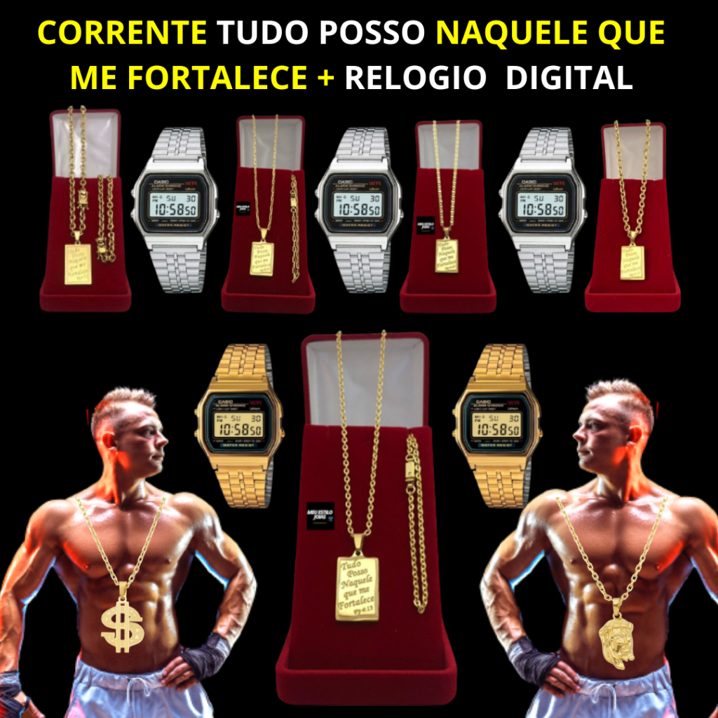 Corrente Masculina Piastrini - Cadeado - Tijolinho - Cart - Adulto e Infantil  Banhado Ouro Com Pulseira e Pingente Tudo Posso + Relógio Digital  Retro Prata e Dourado  Wr Unissex Eletronic Vintage Cordão Masculino Banhado Ouro 18k