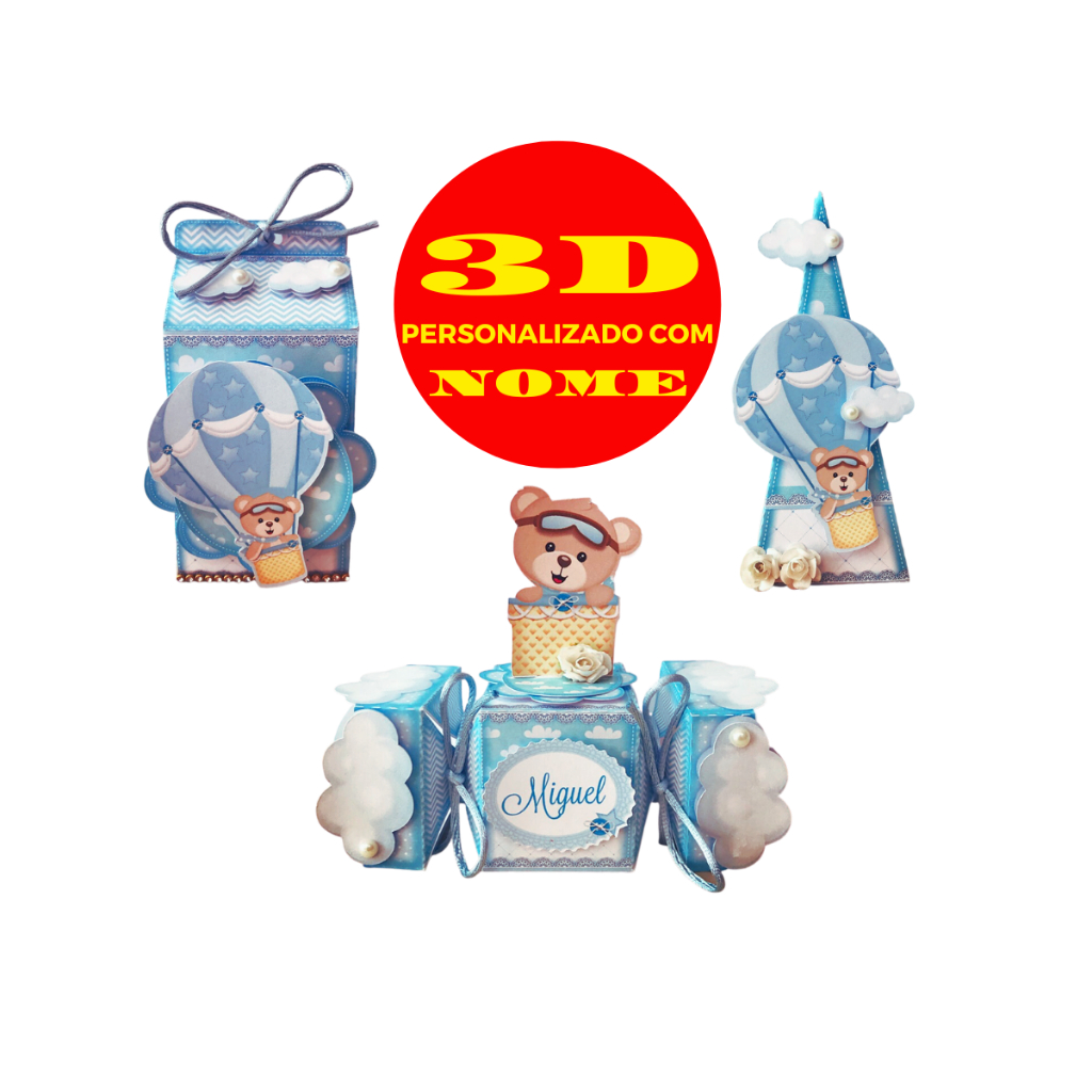 Kit 30 Ursinho Baloeiro Azul Chá de Bebê Aniversário Caixa Milk Caixa cone Caixa Bala