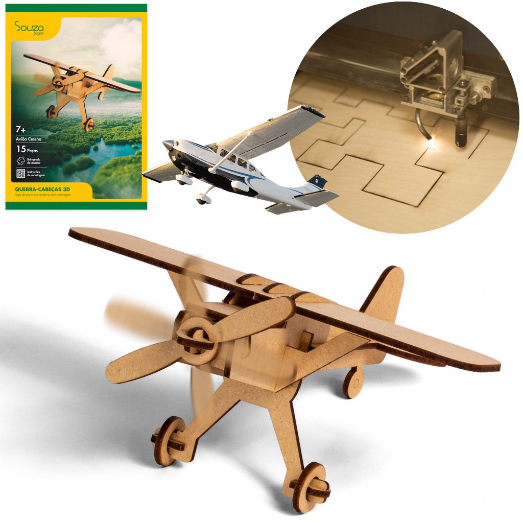 Quebra-cabeça 3d Aviao De Helice Cessna - 15 Peças - Mdf