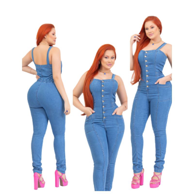 Macacão Jeans Feminina Laycra Liso Alcinha Fachion*40 ao 46*