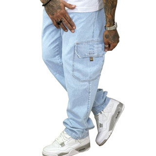 Calça Cargo Masculina Jeans Elástico E Cordão Na Cintura