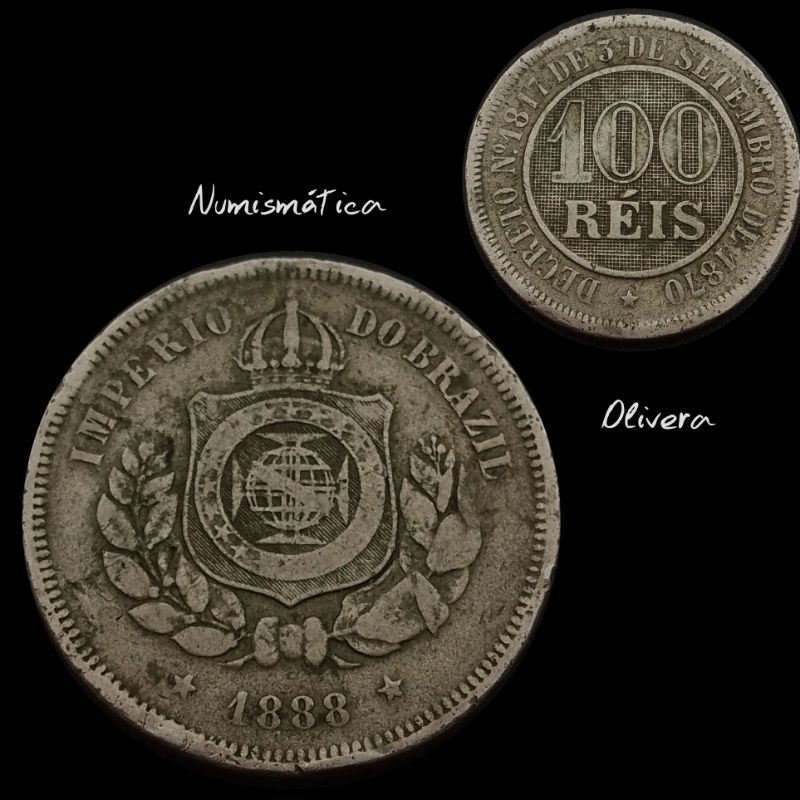 L : 0467 - Moeda antiga Brasil 100 réis 1888.