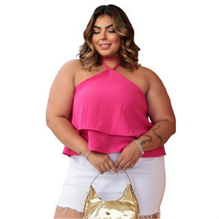 Bata Blusa Cropped de Amarrar Babado Pescoço Camadas Costa Nua Plus Size