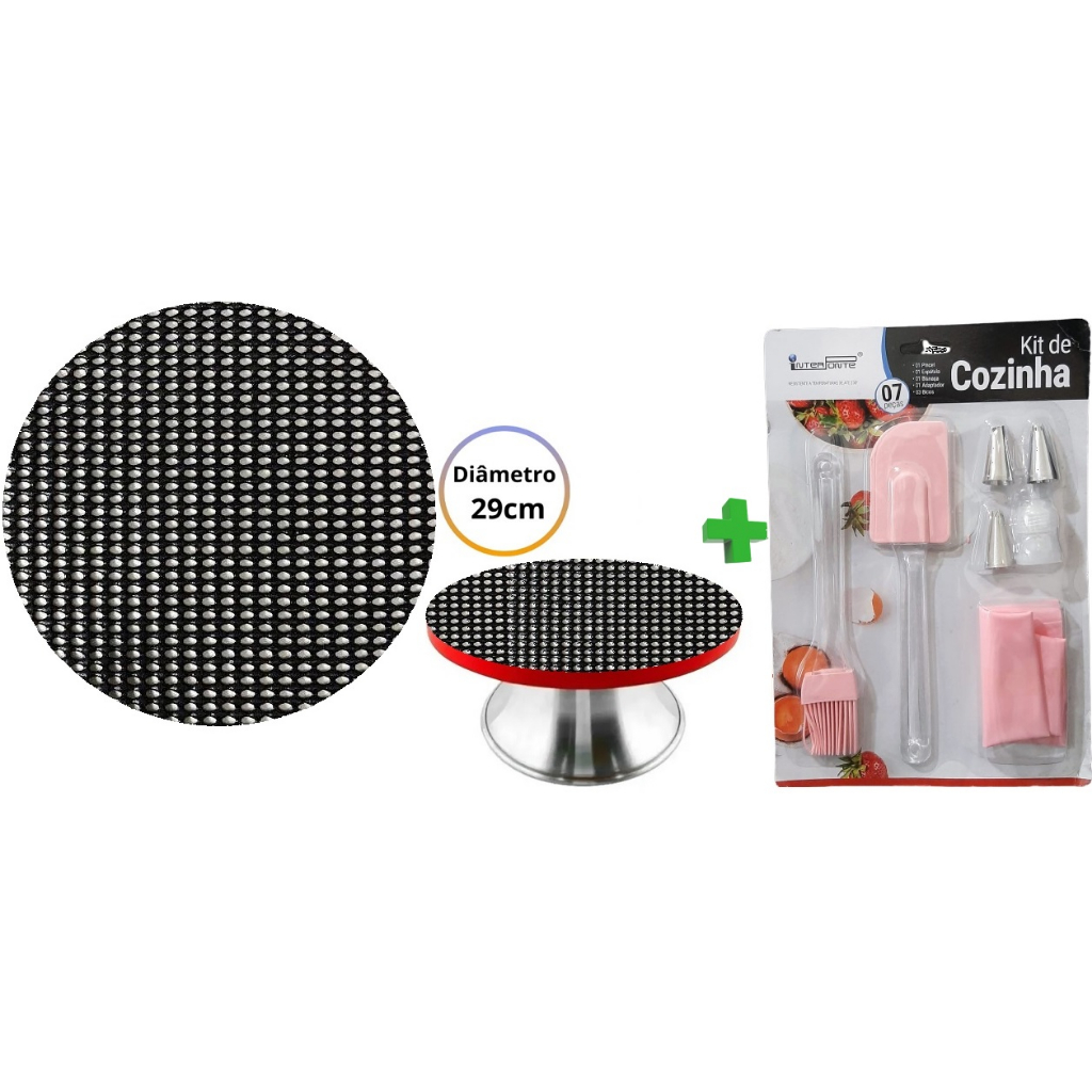 Kit Confeiteiro 07 Peças Espátula Pincel Saco Bisnaga Bicos + 01 Unidade tela antiderrapante 29cm para bailarina giratória Confeitaria