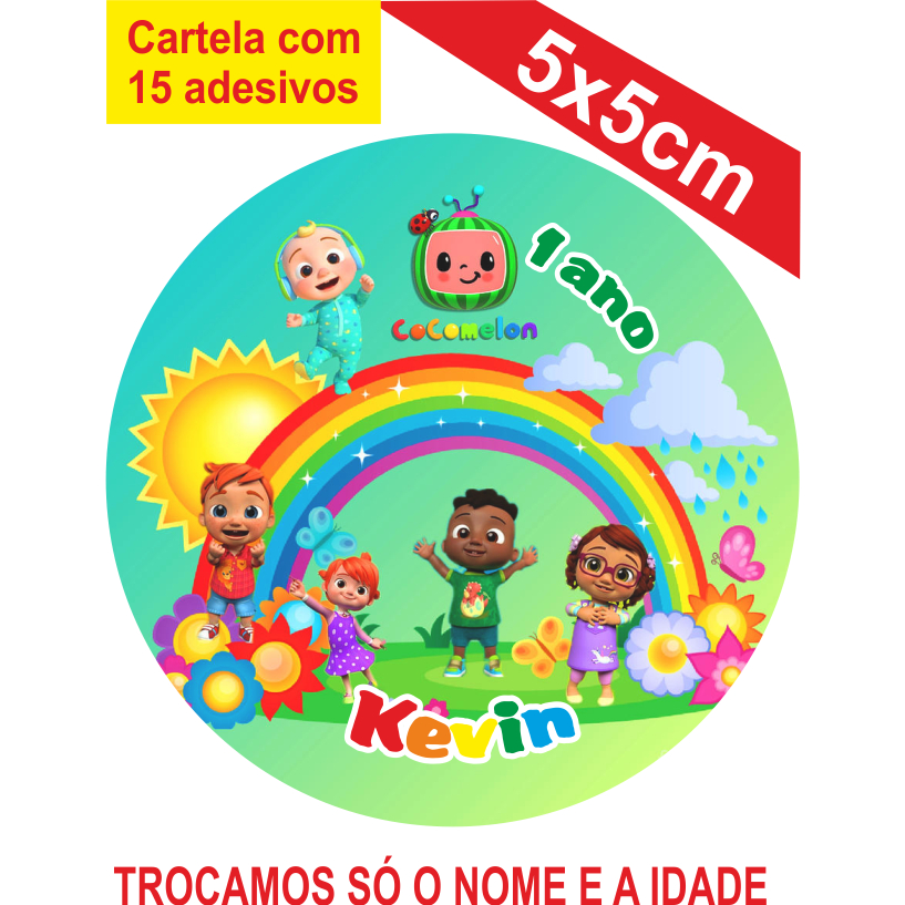 Adesivos Cocomelon Personalizados 5x5cm Festa Aniversário Lembrancinha