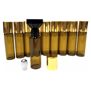 Kit de 10 Frascos Vidro Âmbar Rollon De 5ml Tampa Dourada com 1 mini funil
