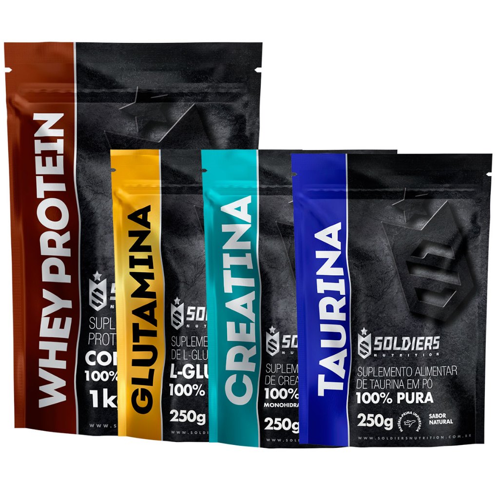 Kit: Whey Protein Concentrado 1Kg + Creatina Monohidratada 250g + Glutamina 250g + Taurina 250g - 100% Importado - Soldiers Nutrition