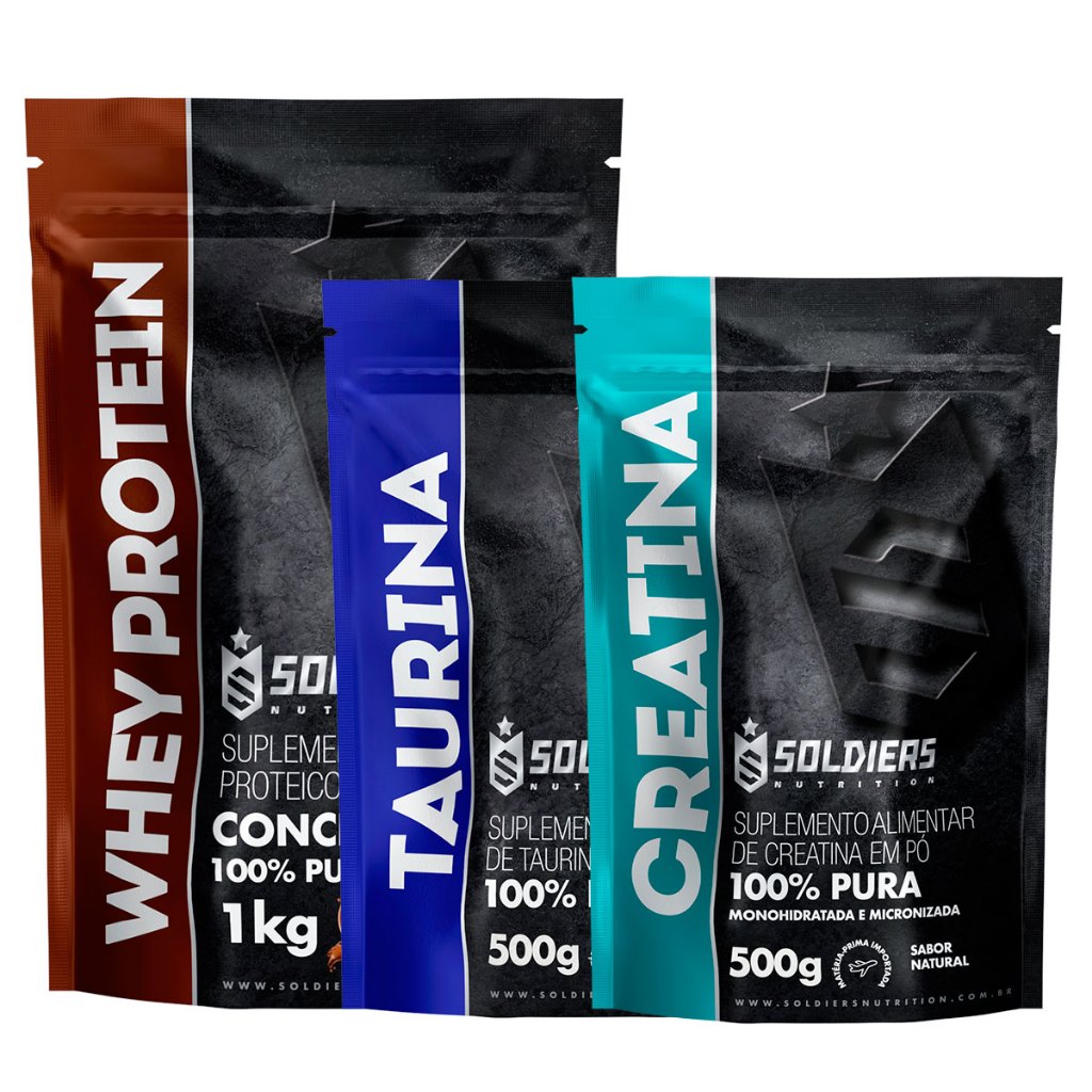 Kit: Whey Concentrado 2kg + Creatina Monohidratada 500g + Taurina 500g - 100% Importado - Soldiers Nutrition