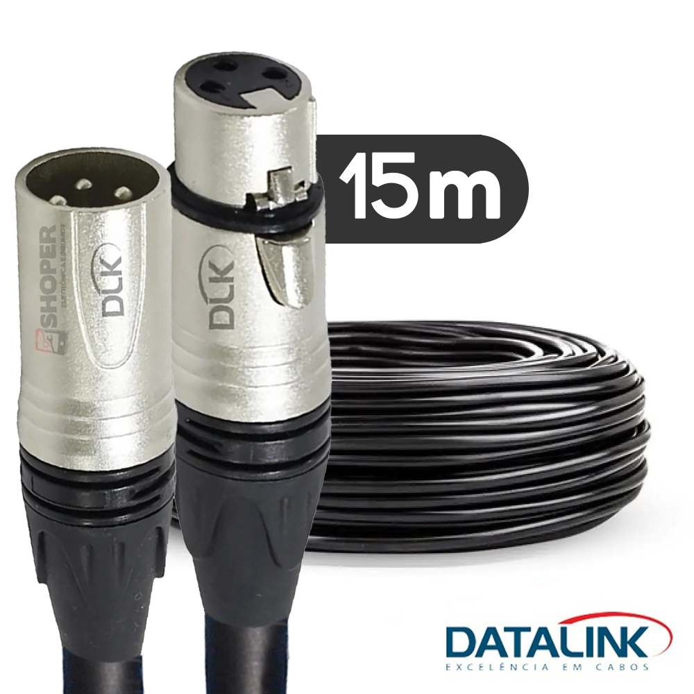 15 Metros Cabo XLR Profissional Balanceado - Datalink - Cabo 15 Metros Para Microfone XLR Macho e Fêmea