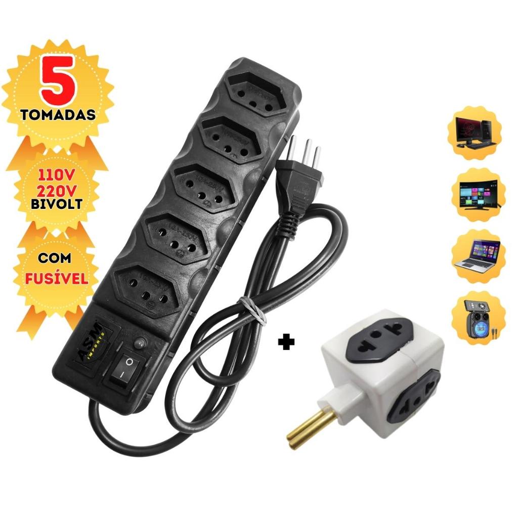 Filtro De Linha 5 Tomadas Bivolt Regua Eletrica 10A + Adaptador de Tomadas Cubo