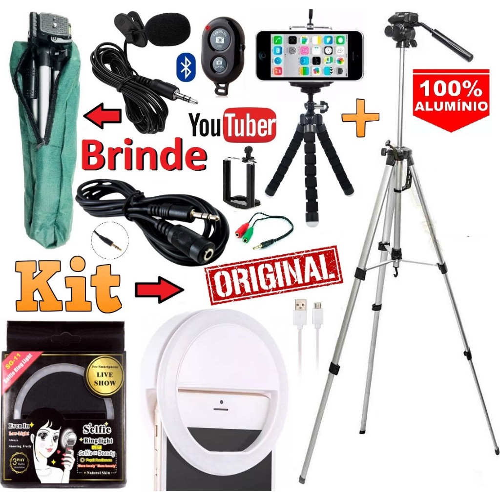 Kit Youtuber Microfone de Lapela Tripé Profissional Para Celular Iluminador Led Ring Light Lentes Olho de Peixe + Controle Bluetooth Universal