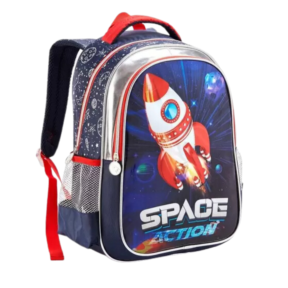 Mochila Infantil Menino Escolar Foguete Space Action Reforçada Costas Grande, Pequena Denlex