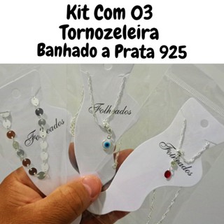 kit 3 Tornozeleira feminino folheado a Prata 925 com pingente e Garantia de 1 ano