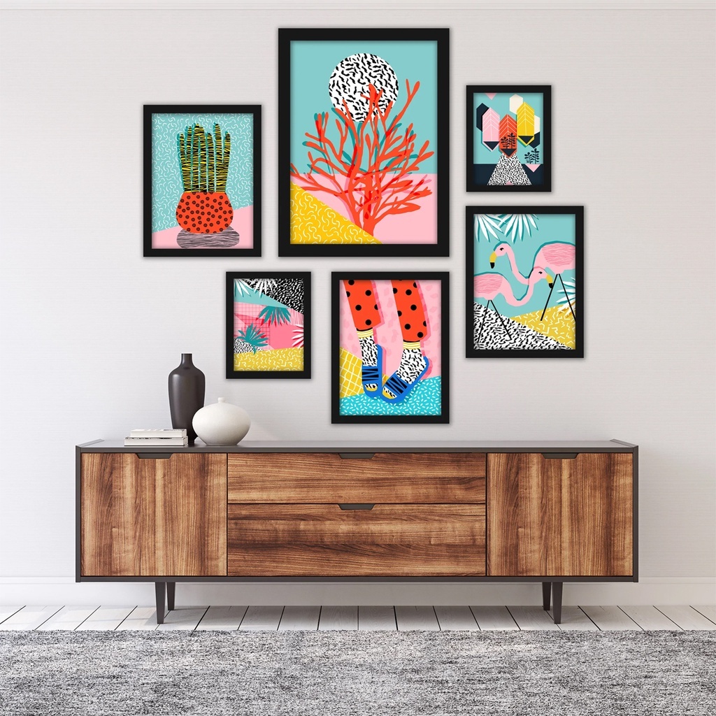 Conjunto 6 Quadros Placas Decorativas Para Sua Casa Coloridos Coral Flamingo Geométrico