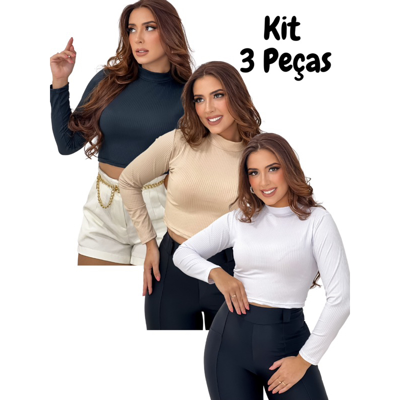 kit 3 Cropped Cacharrel Manga Longa Comprida Canelado Gola Alta Moda Gringa Blogueira Preto Bege Branco