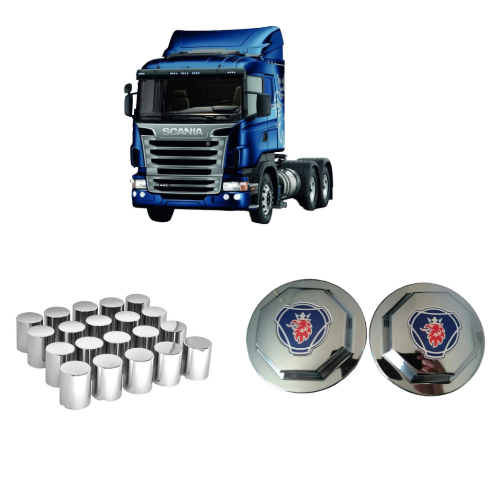 Kit Aplique Sobre Tampa Cubo Dianteiro Caminhão Sc Scania S5 S6 E Ntg Acima de 2011 + 20 Capa de Porca