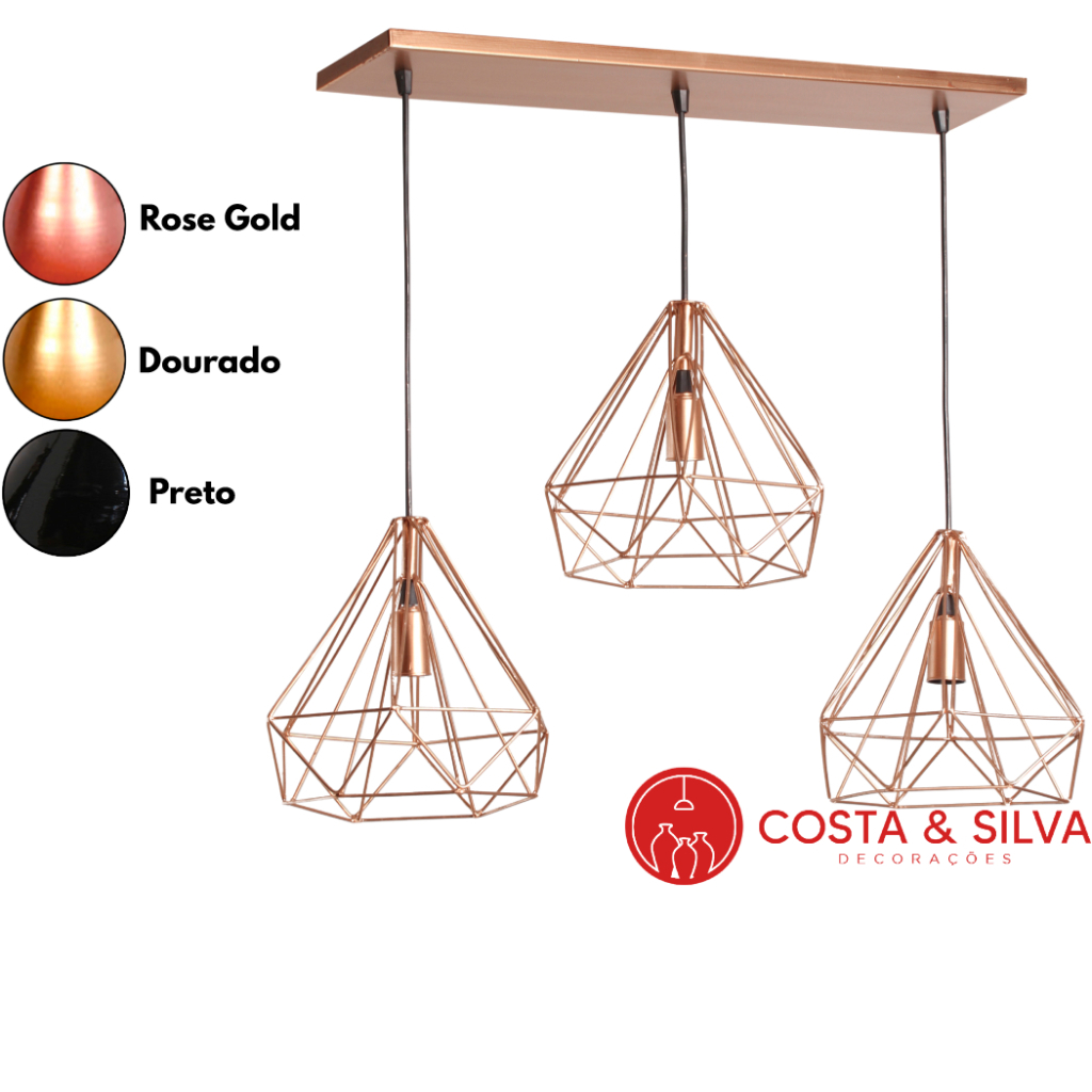 3 Pendente Lustre De Teto Luminária Diamante Aramado 3d Grande Triplo Canopla Estilo Industrial