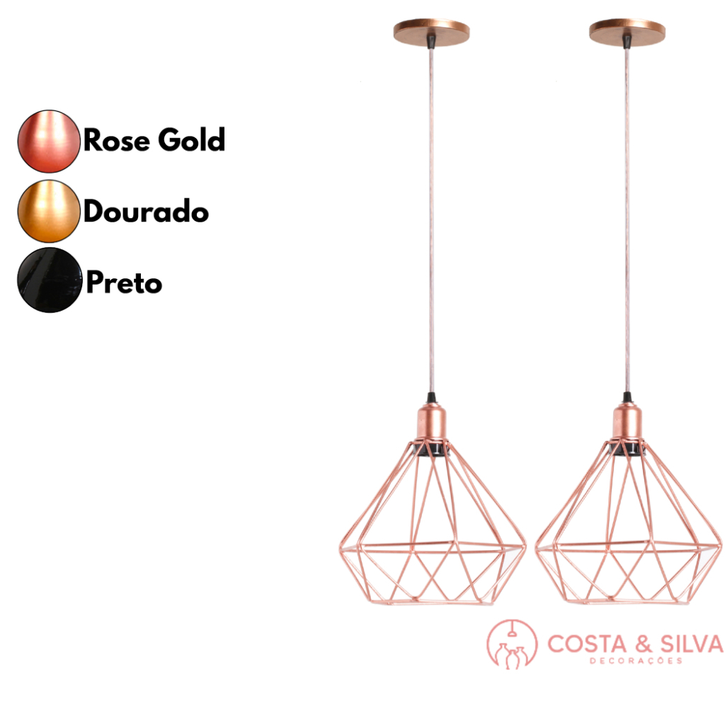 2 Pendente Lustre de Teto Luminária Diamante Aramado Estilo Industrial Cabo Cristal Rose Gold