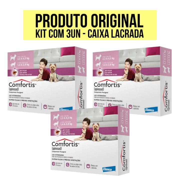 Antipulgas Para Cachorro Gato Pet Comfortis 3 Comprimidos Cães 2,3 A 4,5kg Gatos 1,4 A 2,8 Kg