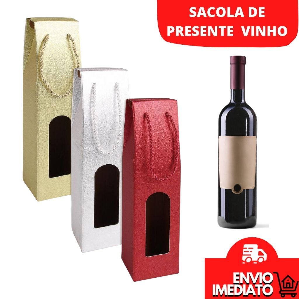 Sacola Caixa Para Garrafas Vinho Champanhe Com Visor Estampado Decorado Saco Presente Natalino