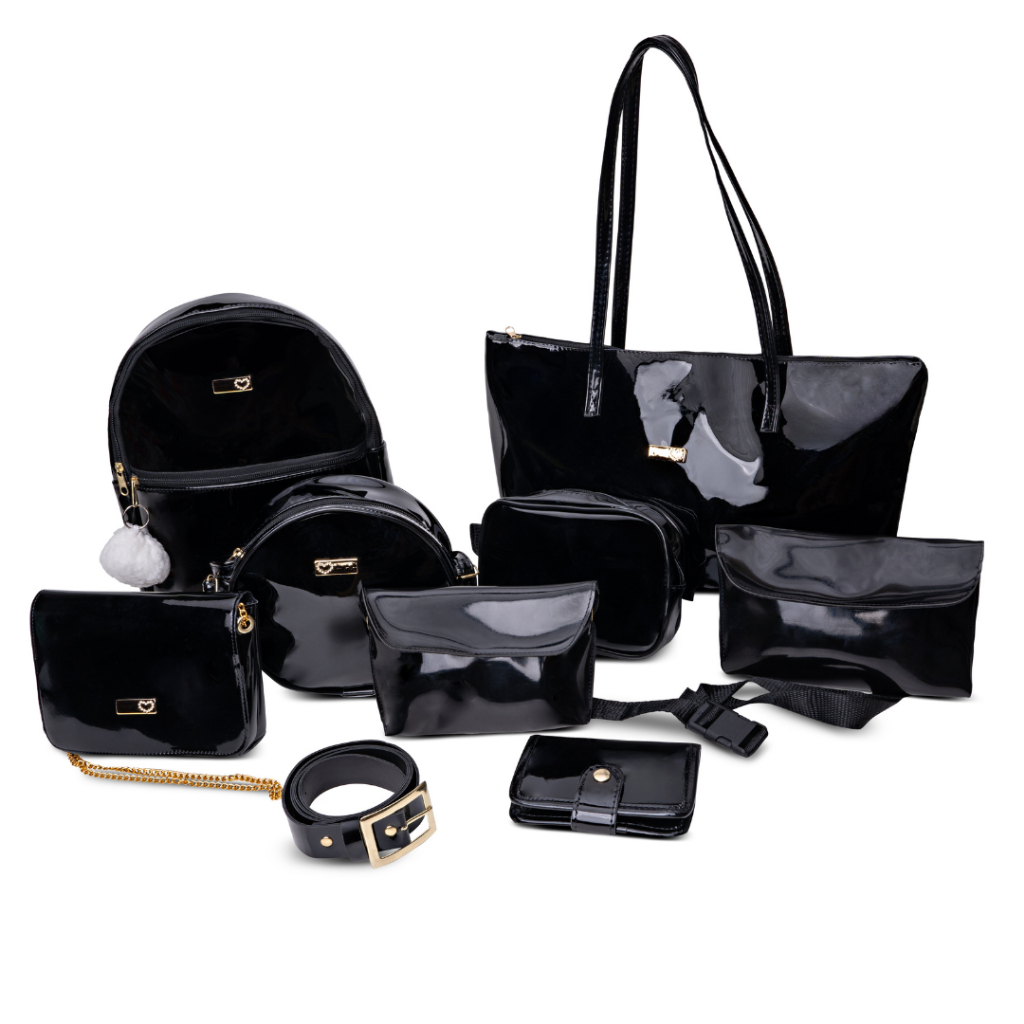 Kit Bolsas Femininas com 10 itens Em Verniz de Alta Qualidade (Mochila + Várias Bolsas + Carteira + Necessaire + Cinto + Chaveiro Pompom))