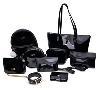 Kit Bolsas Femininas com 10 itens Em Verniz de Alta Qualidade (Mochila + Várias Bolsas + Carteira + Necessaire + Cinto + Chaveiro Pompom))