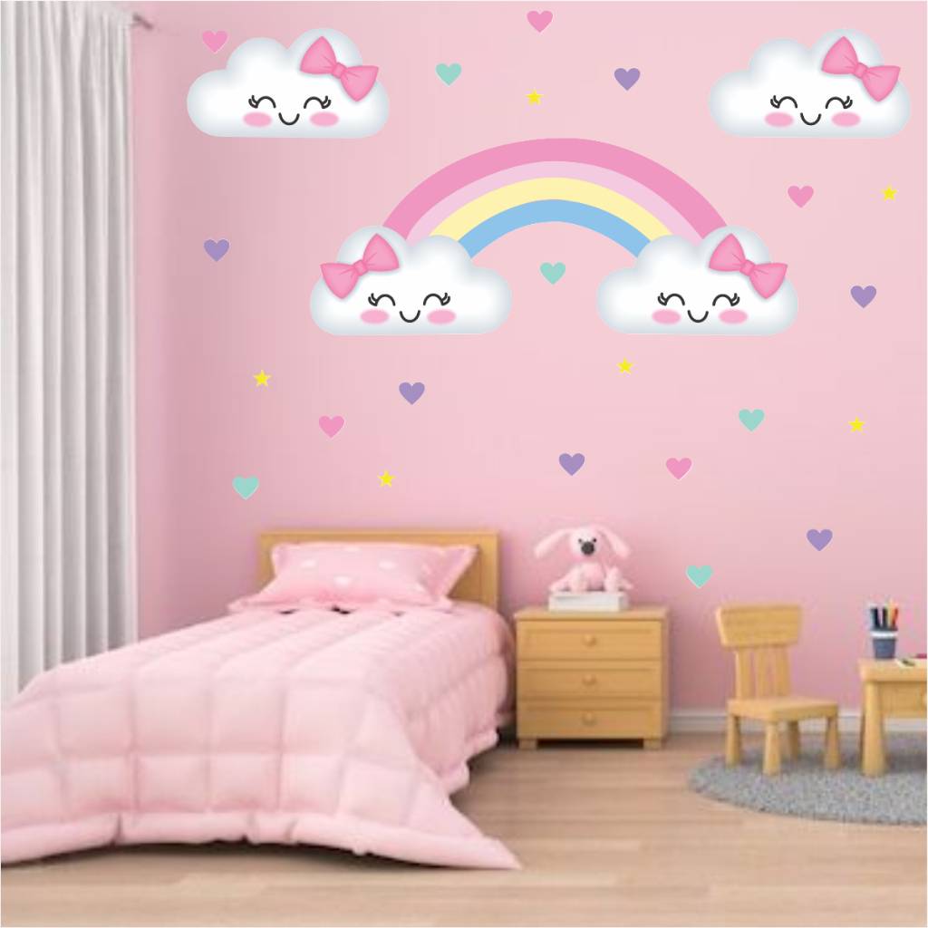 Adesivo Parede Arco Iris Nuvens Coraçõezinhos Coloridos Adesivos Quarto Menina