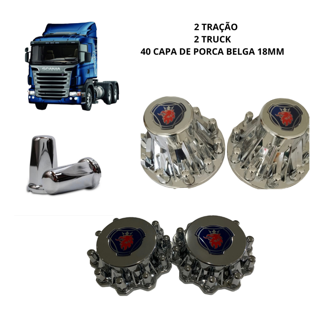 Kit Sobre Tampa Aplique De Cubo Cromada Para Tração + Truck + 40 Capa de Porca Belga Caminhao Sc Scania S5 E Ntg
