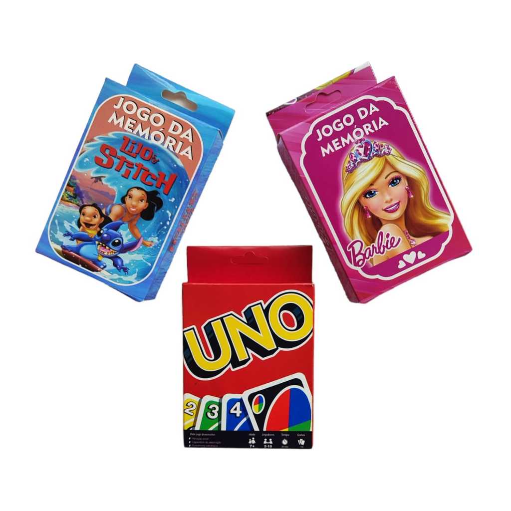 Jogo Uno de Cartas 108 Cartas/Jogo da Memória Barbie Lilo & Stitch do Dia — R$ 11,99 em Shopee, 25% OFF