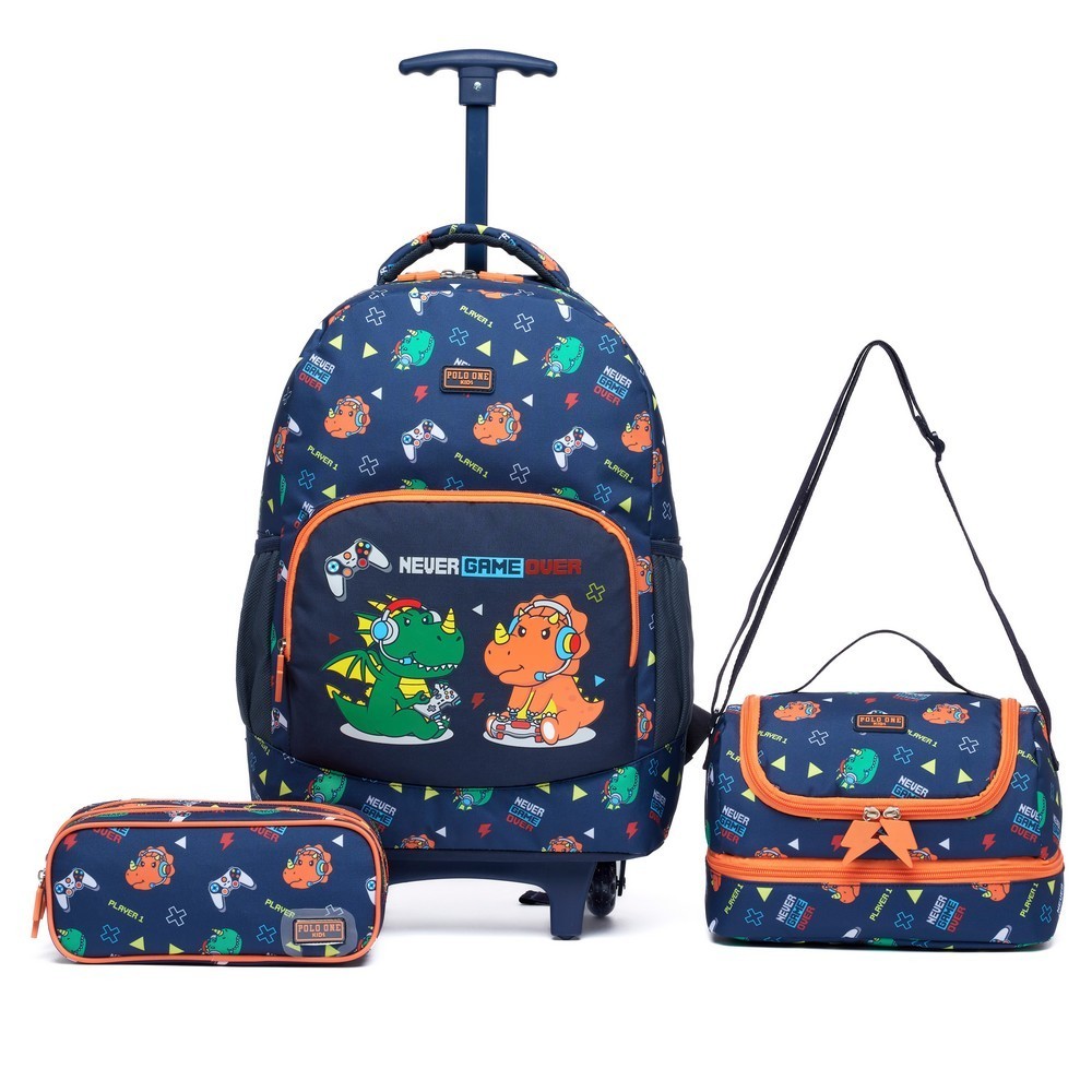 Kit Mochila Rodinha Escolar Menino Dino Game Estojo Lancheira Térmica