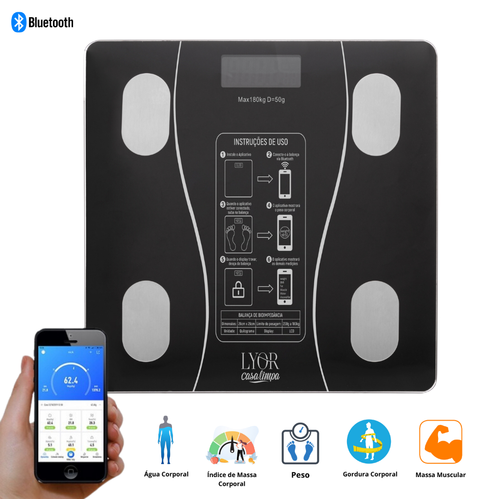 Balança Digital Bioimpedância 180KG Display Lcd Bluetooth Aplicativo Fitness Treino Balança De Banheiro