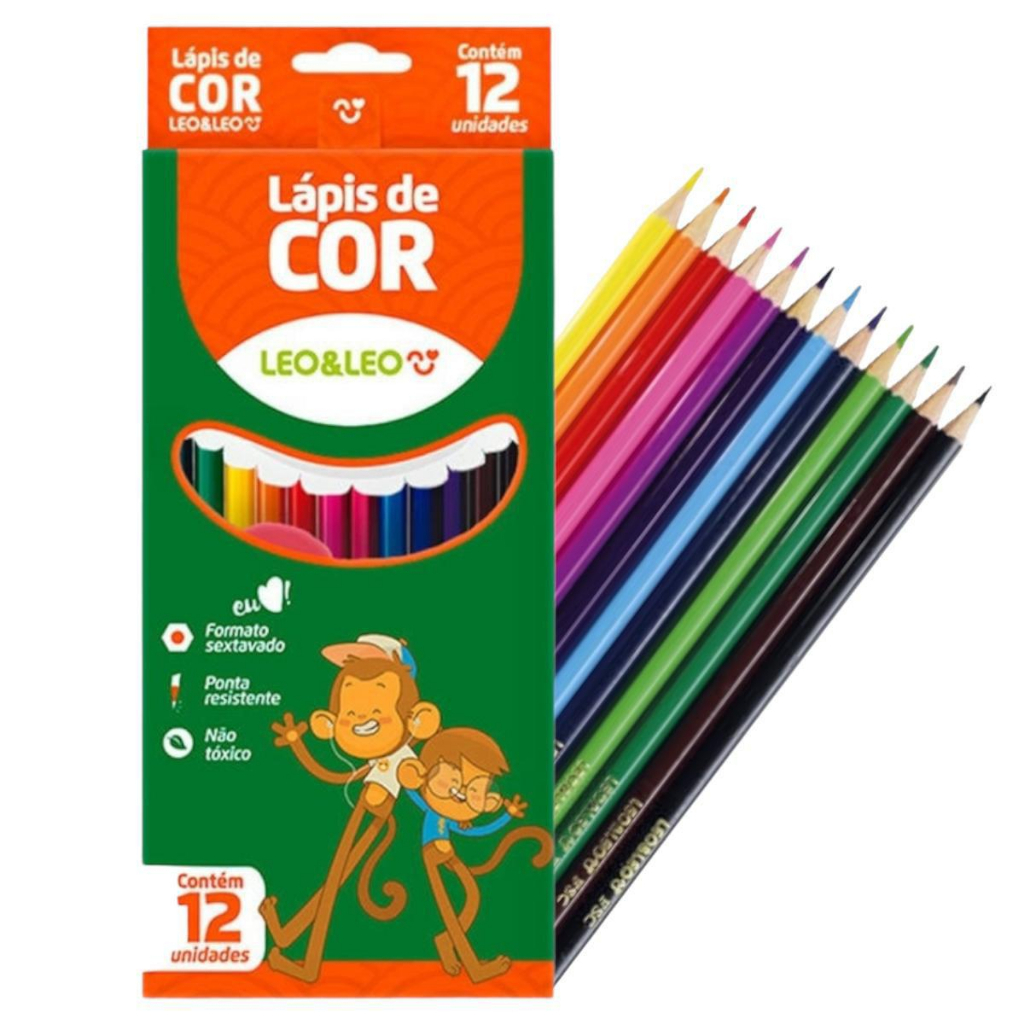 Lápis de Colorir Cor LeoLeo 12 Unidades Papelaria Artigos Escolares Papelaria Infantil Escola Variedades Resina Plástico Coloração