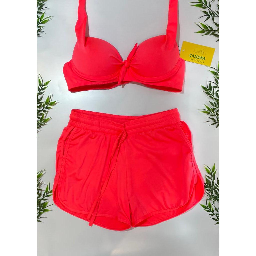 Top biquini com shorts praia e piscina, verão P/M/G/GG. feminino cor rosa primavera