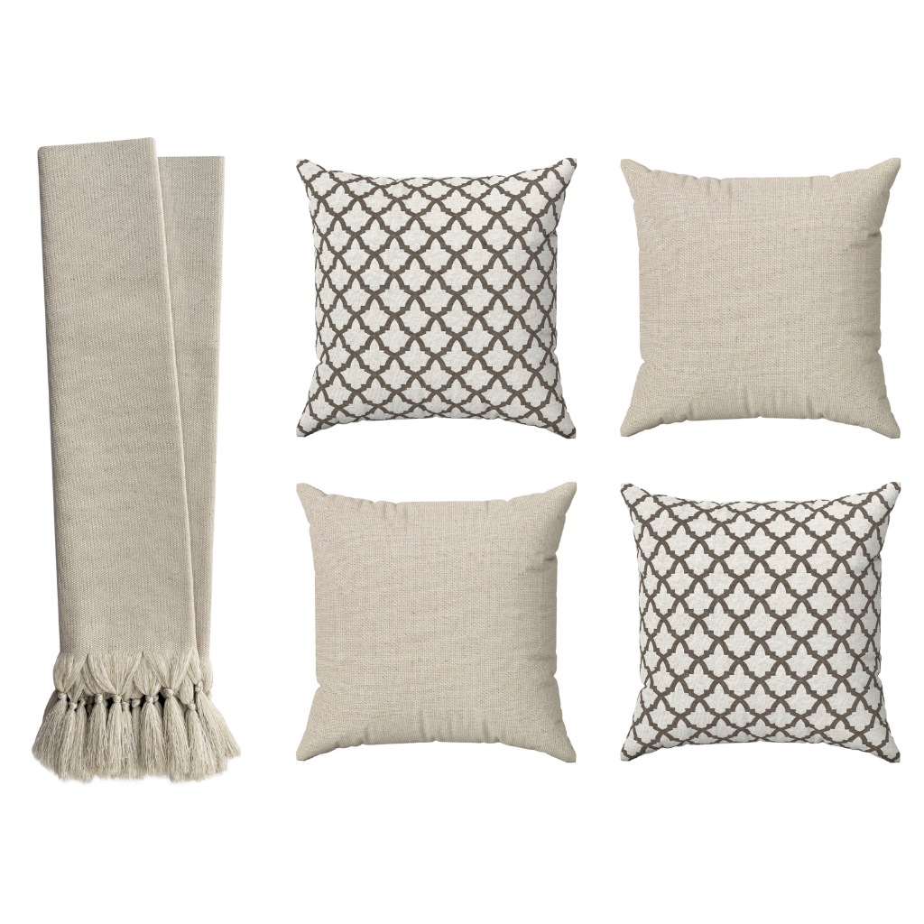 Kit Manta Para Sofá Retrátil + 4 Capas Almofadas Geométricas Bege Cru
