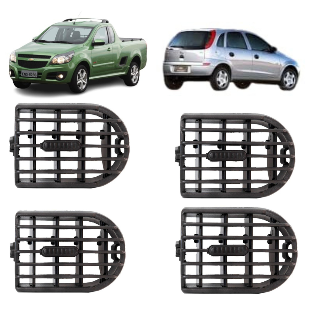 Kit 4 Difusores Saída de Ar Central Lateral Corsa Joy Maxx G2 2002 a 2012 Montana 2004 a 2010 Retangular Preto