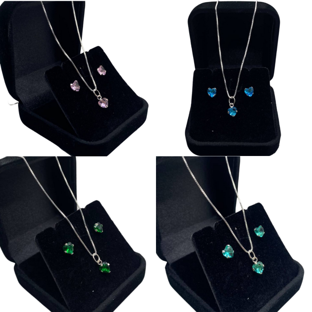 Kit Colar + Brincos Coração Feminino - Várias Cores em Prata 925 em Oferta na Shopee