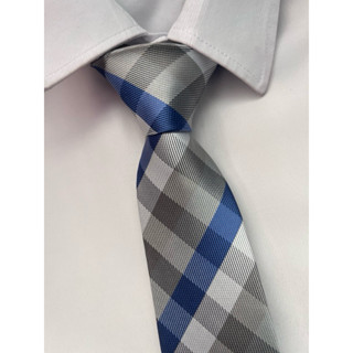 Gravata Xadrez Semi Slim Azul Claro e Cinza