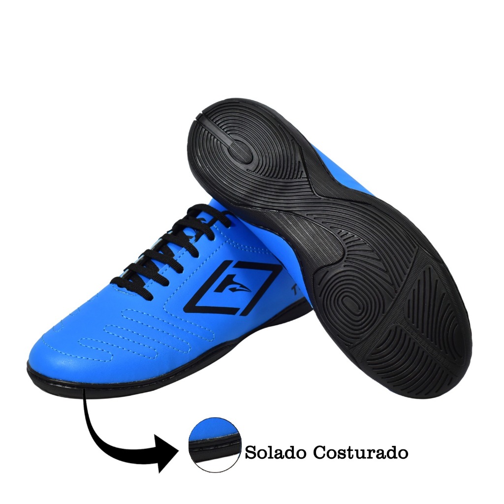 Chuteira de Futsal Azul para Futebol de Salão SOLADO LEVE TODO COSTURADO