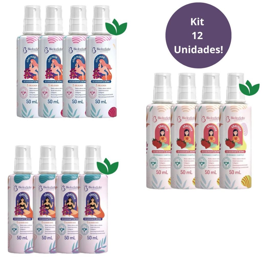 KIT 12 Unidades DESODORANTE ÍNTIMO CHEIROSA Bio Instinto VARIADOS (4 DELICADA 4 MORANGO 4 ALGODÃO DOCE)