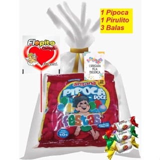 kit Saquinho Sacolinha Para Festas Com Pipoca Doce, Pirulito, Balas, Tag de Agradecimento