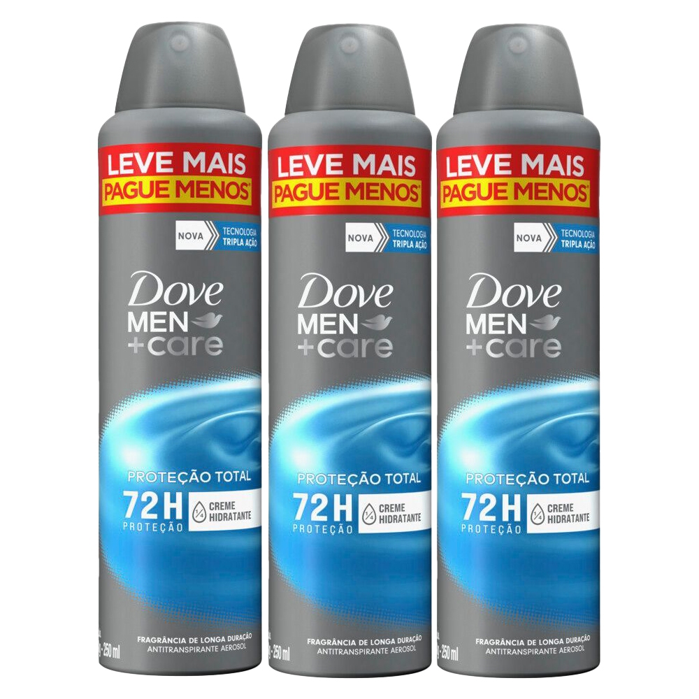 Kit com 3 Desodorantes Antitranspirantes Aerosol Dove Men+Care Proteção Total 25