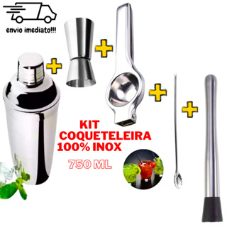 Coqueteleira Inox 750ml Profissional Kit com 5 peças com Coqueteleira Socador Colher Bailarina Dosador Espremedor para Drinks Bebidas Coquetéis Caipirinhas Batidas para Bar Restaurante Bartender Bar Man Bar Men