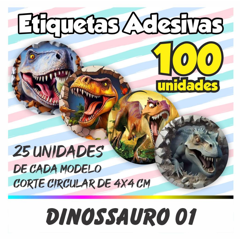 Kit De 100 Etiquetas Adesivas Dinossauro (TIPO 01) em Oferta na Shopee