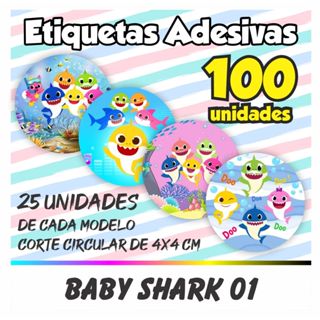 Kit De 100 Etiquetas Adesivas Baby Shark (TIPO 01) em Oferta na Shopee