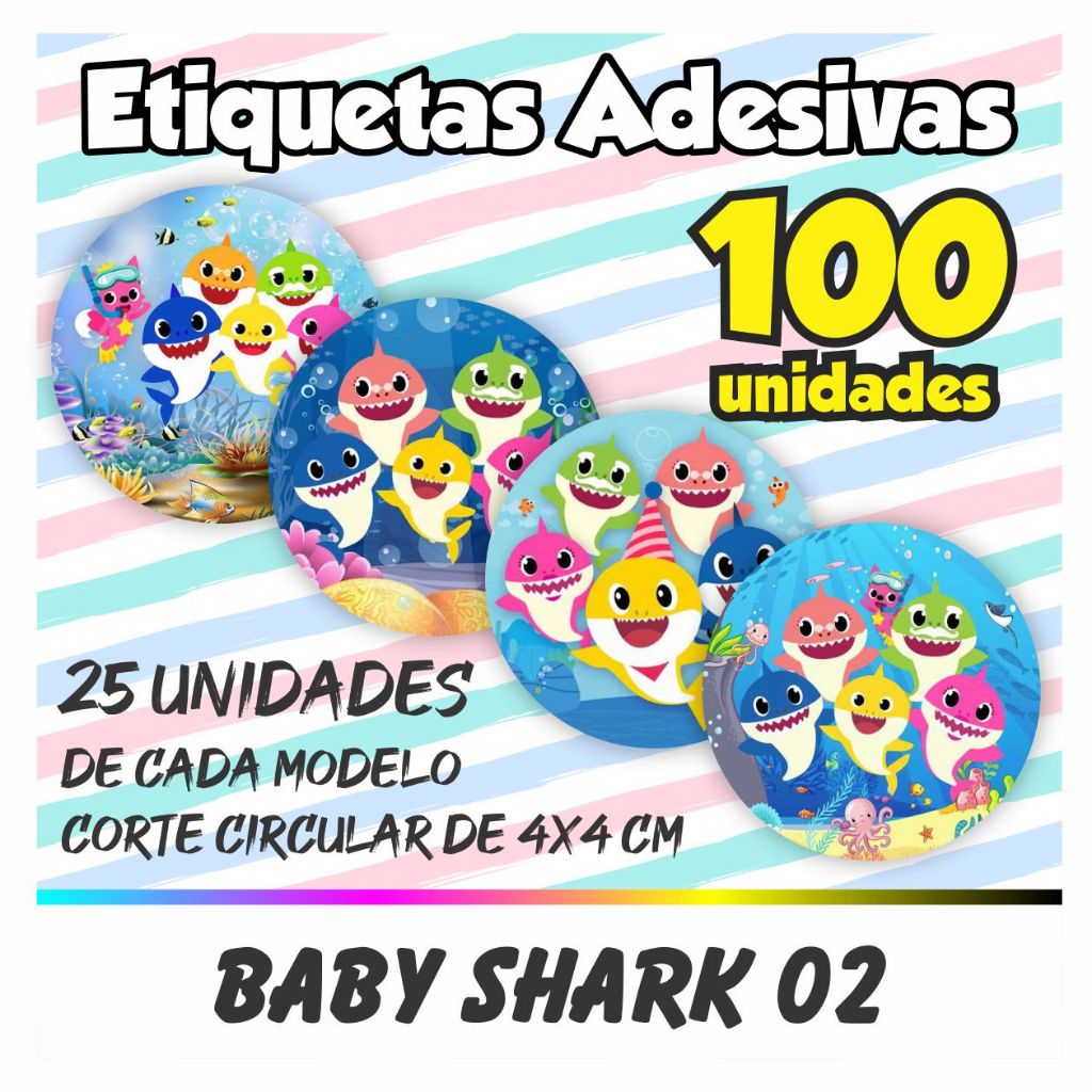 Kit De 100 Etiquetas Adesivas Baby Shark (TIPO 02) em Oferta na Shopee